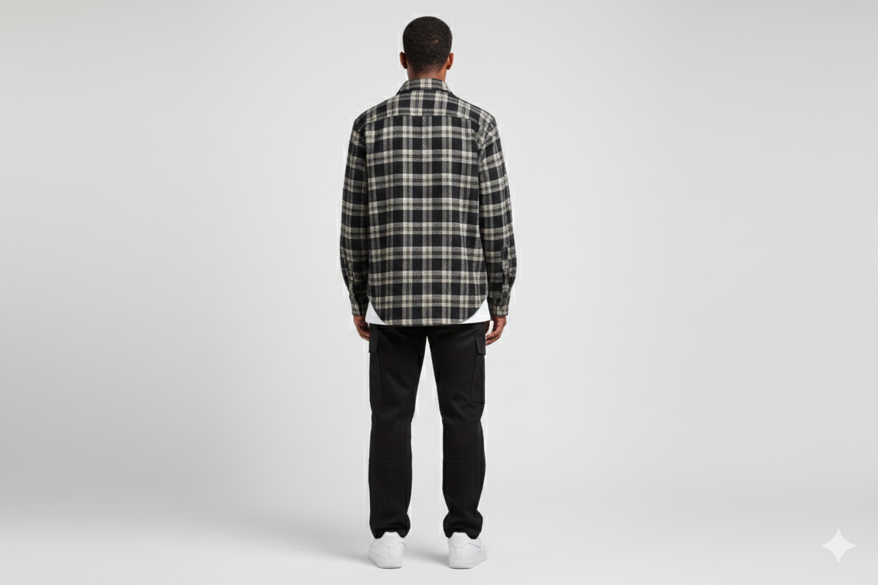 Load image into Gallery viewer, man wearing a flannel shirt and black pants