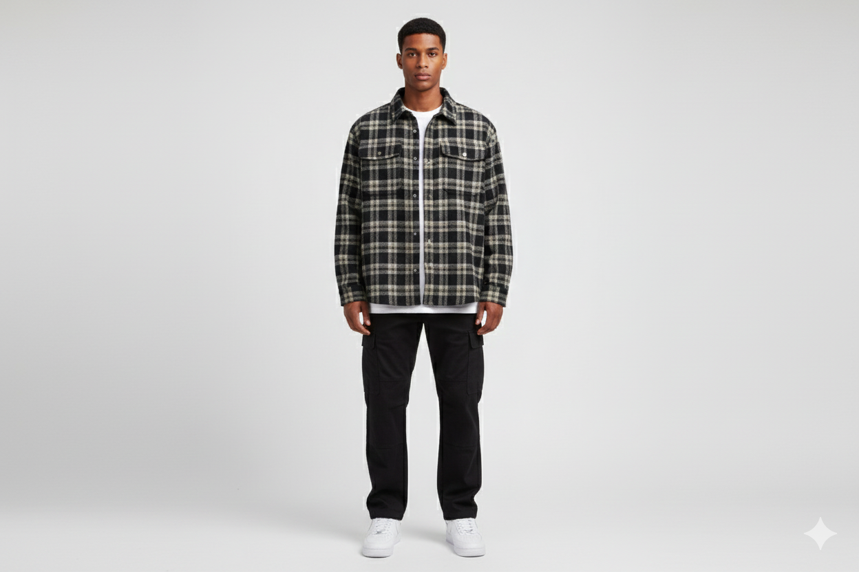 Load image into Gallery viewer, Person wearing a black flannel shirt and black pants