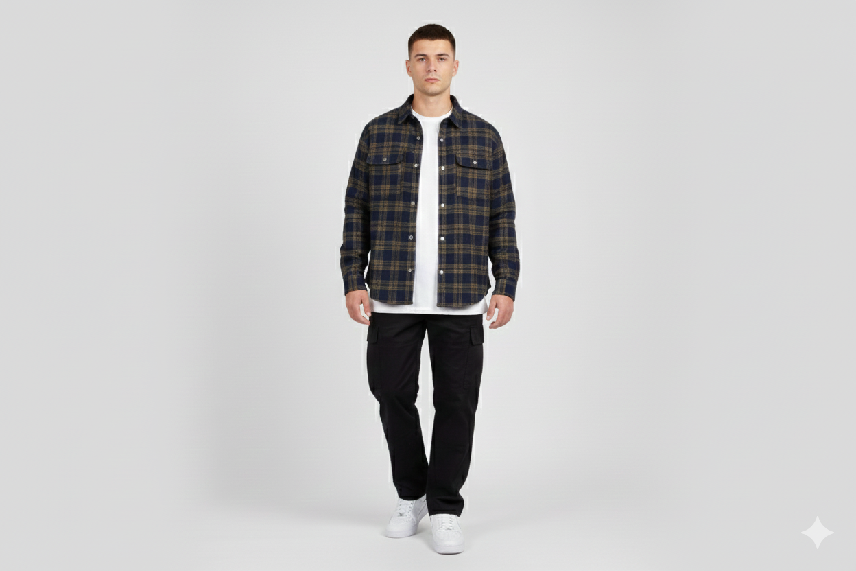 Load image into Gallery viewer, Person wearing navy flannel shirt and black pants