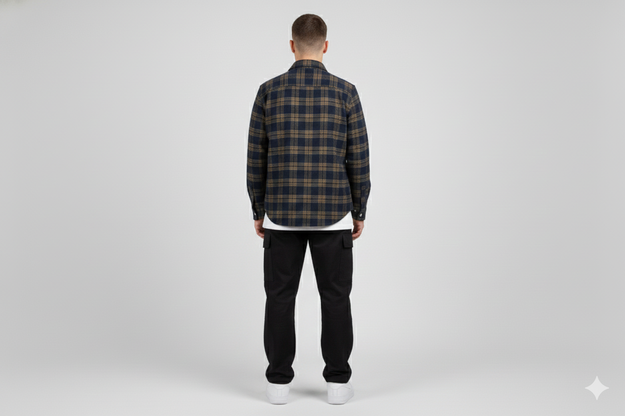 Load image into Gallery viewer, man wearing navy flannel shirt and black pants