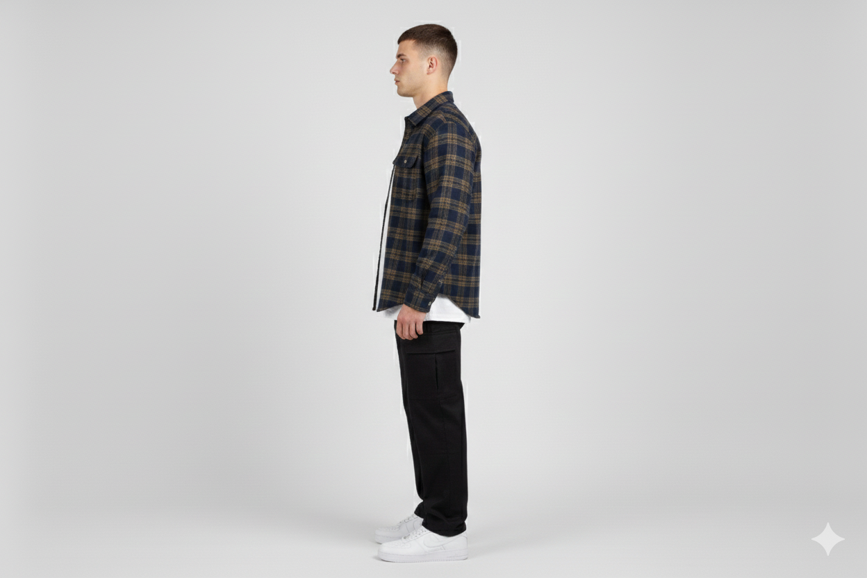 Load image into Gallery viewer, Person wearing navy flannel shirt and black pants