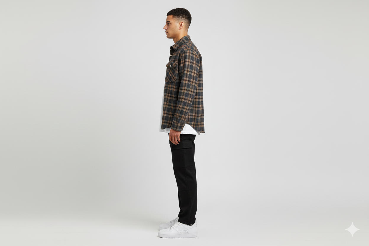 Load image into Gallery viewer, a man wears grey flannel shirt and black pants