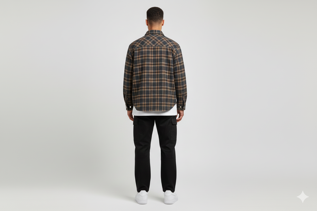 Load image into Gallery viewer, a man wears grey flannel shirt and black pants