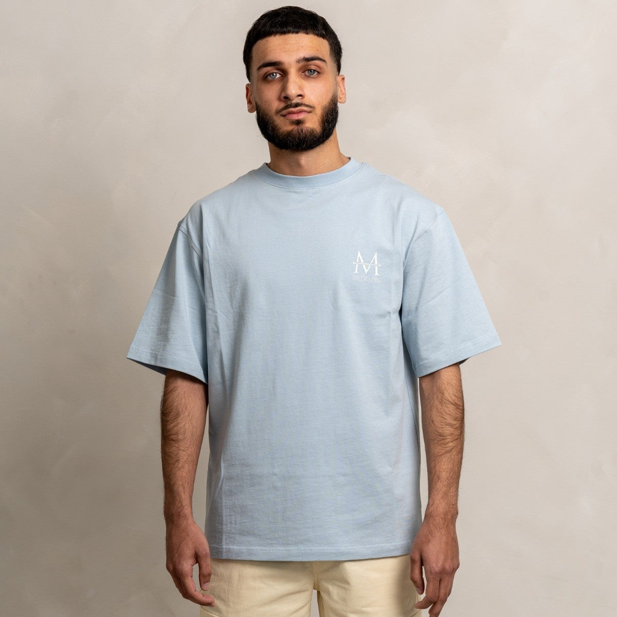 Load image into Gallery viewer, Men wearing ice blue t-shirt